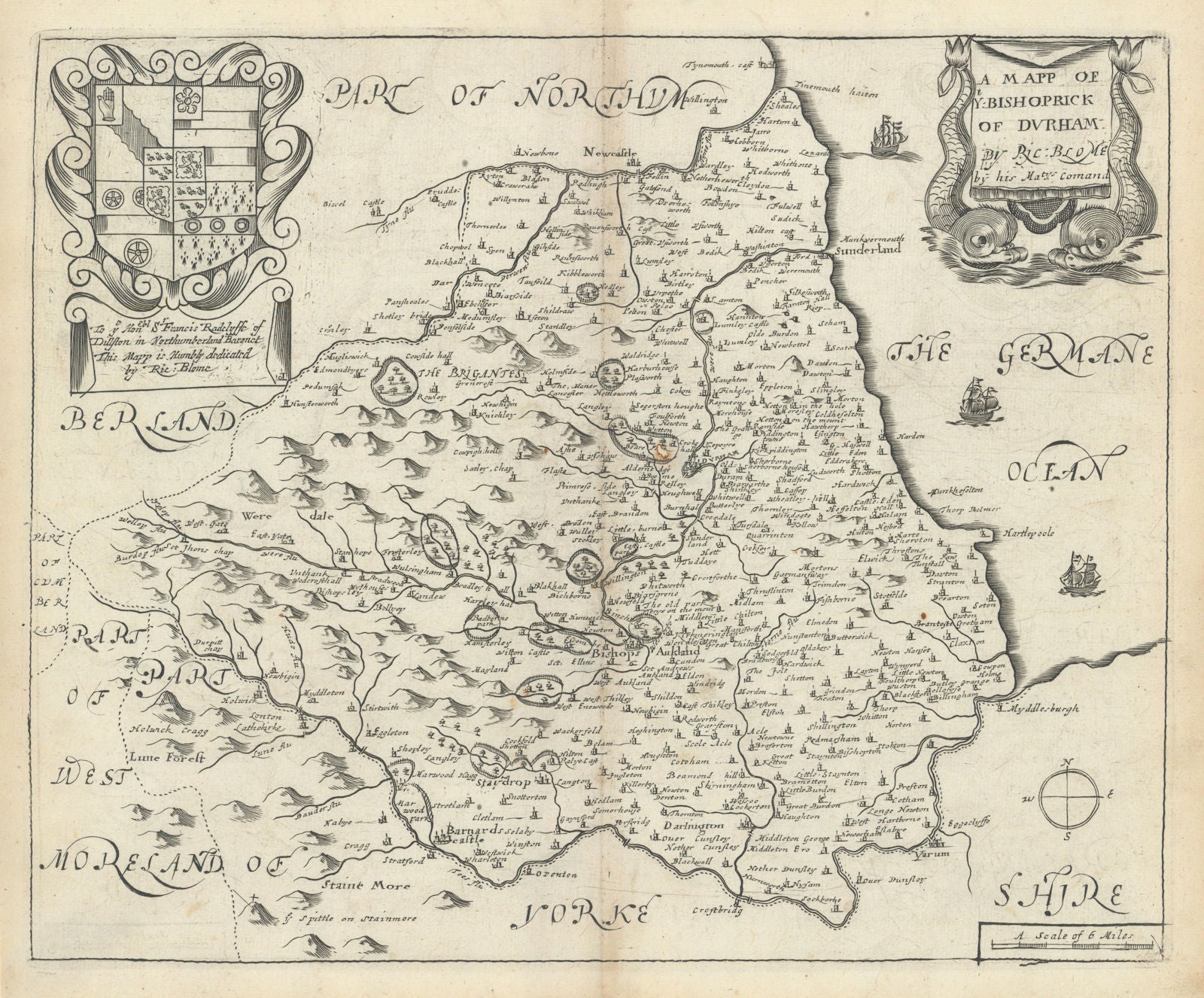 A Mapp of ye Bishoprick of Durham by Richard Blome 1673 old antique chart